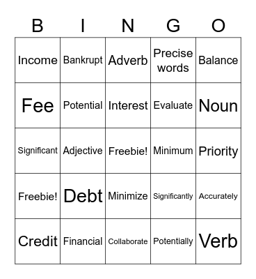 ELD Teens and Money vocab Bingo Card