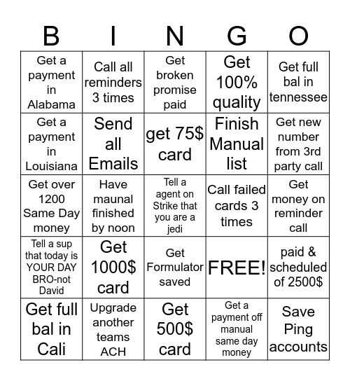 Task Bingo Card