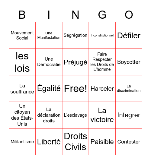 French Civil Rights Vocab Bingo Card