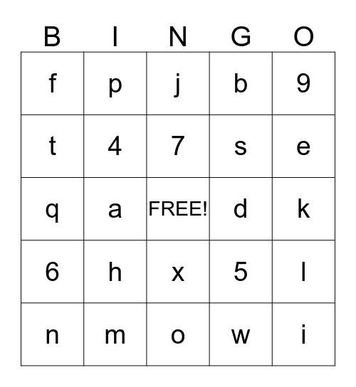 Alphabet and Number Bingo Card