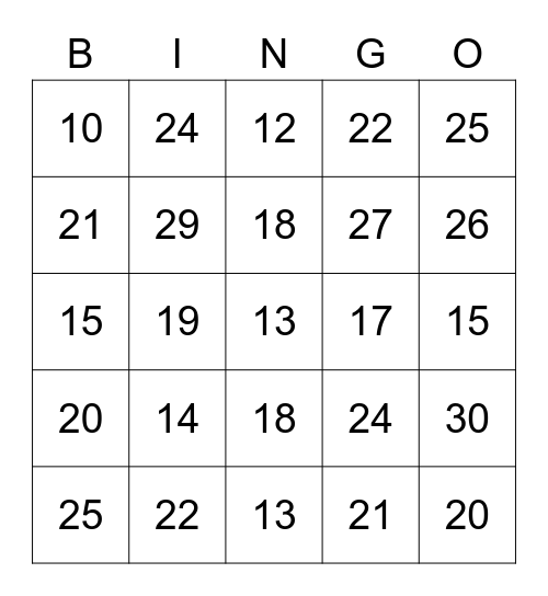 Numbers 10 30 Bingo Card