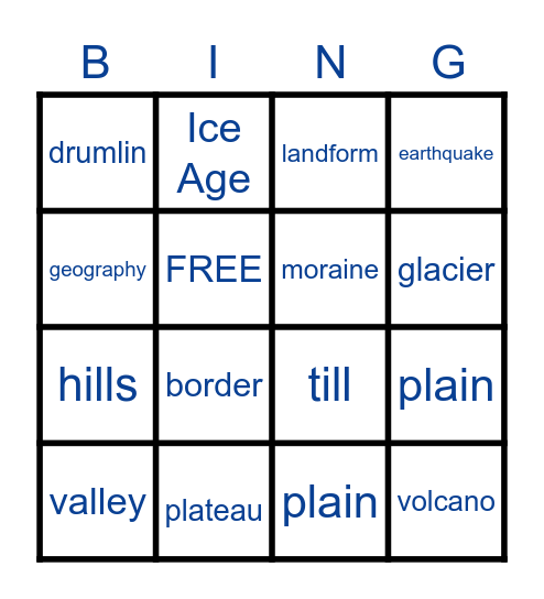 Landform Vocabulary Bingo Card