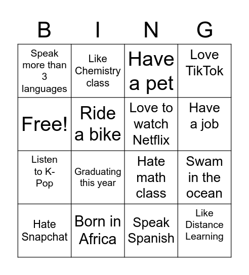 Wednesday Fun Day! Bingo Card