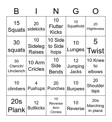 Work Out Bingo Card