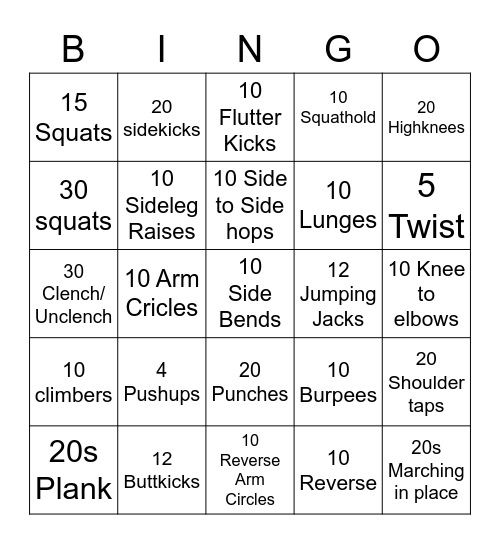 Work Out Bingo Card