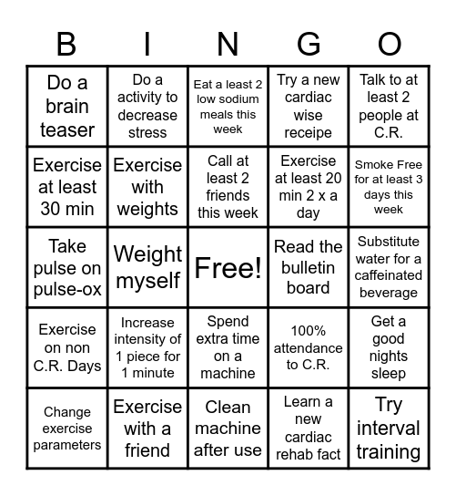 DeGraff Cardiac Rehab Bingo Card