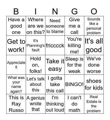 Ray Russo Bingo Card