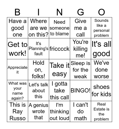 Ray Russo Bingo Card