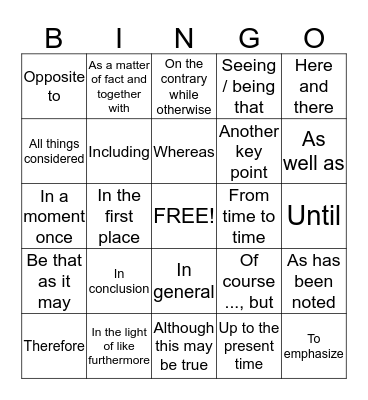 Transitions Bingo Card