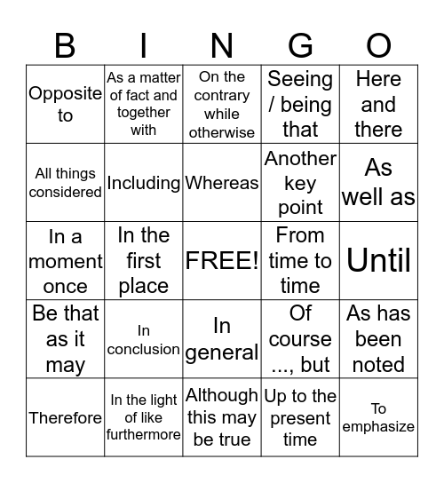 Transitions Bingo Card