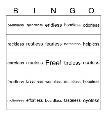 -less vocabulary Bingo Card