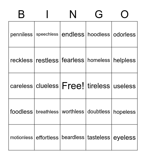 -less vocabulary Bingo Card