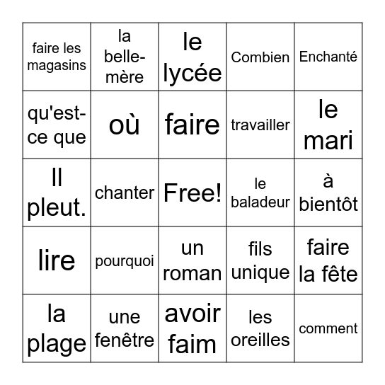 French 1 Final Loto Bingo Card