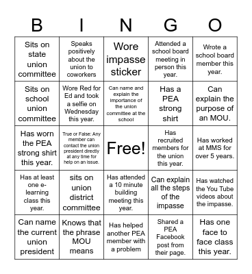 PEA Fun Bingo Card Bingo Card