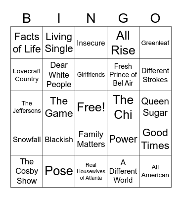 Black TV Characters and their Show Bingo Card