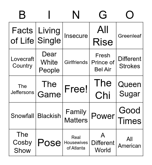 Black TV Characters and their Show Bingo Card