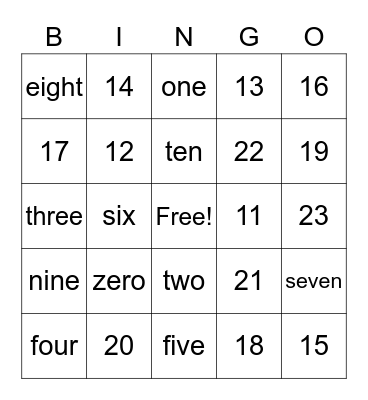 Number Bingo Card