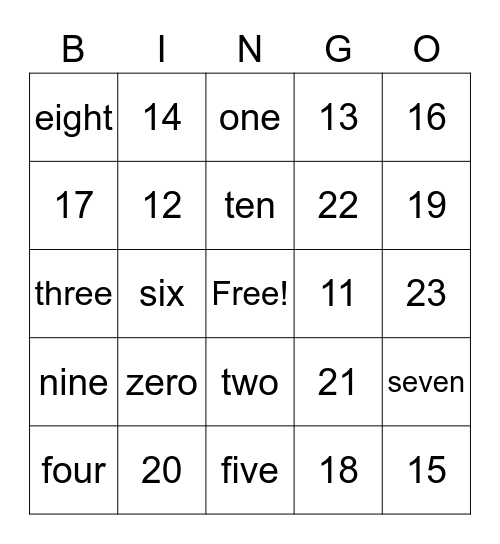 Number Bingo Card