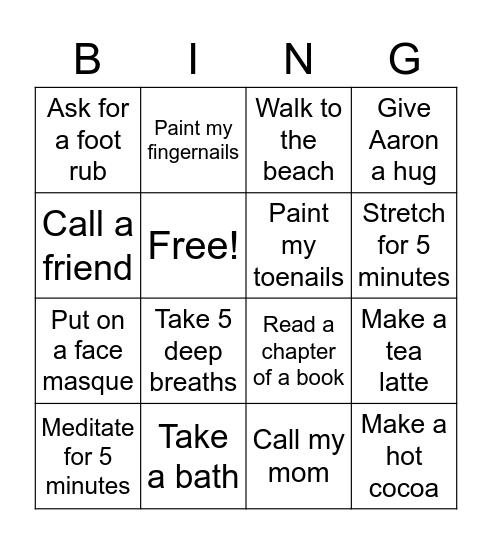 De-Stress Bingo Card