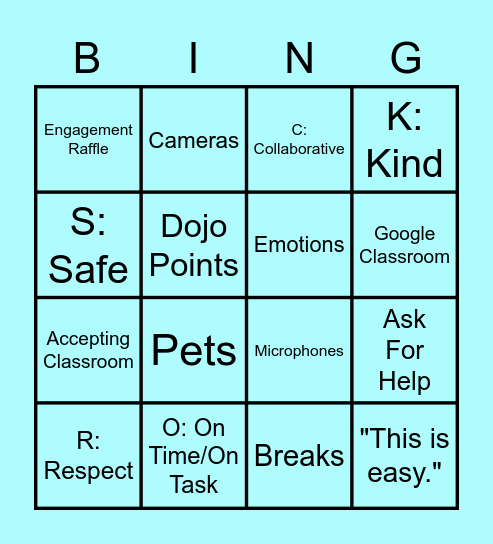 Routines Bingo Card