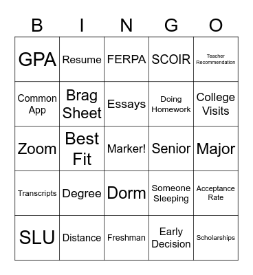 College Kick Off Bingo Card