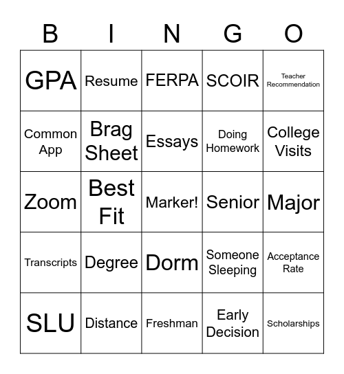College Kick Off Bingo Card
