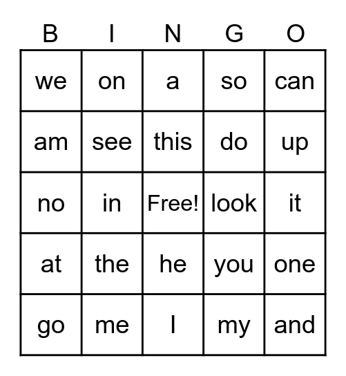 Kindergarten Snap Word Bingo Card