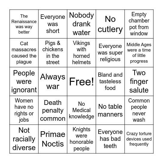 Medieval Myths Bingo Card