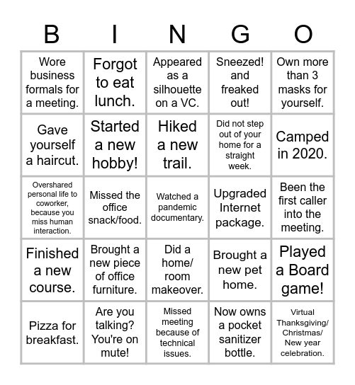 Been there Done that - WFH 2020 Edition ! Bingo Card