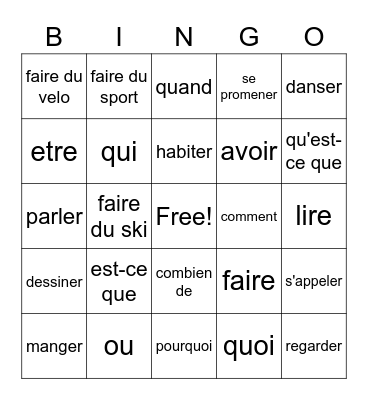 Quarter 2 French review: verbs and question words Bingo Card
