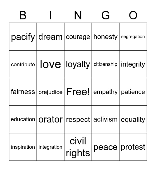 MLK Inspirational Bingo Card