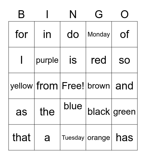 1st 25 Fry Sight Words Bingo Card