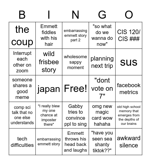 Emmett!!!! Bingo Card