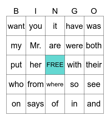 Sight Word Bingo Card