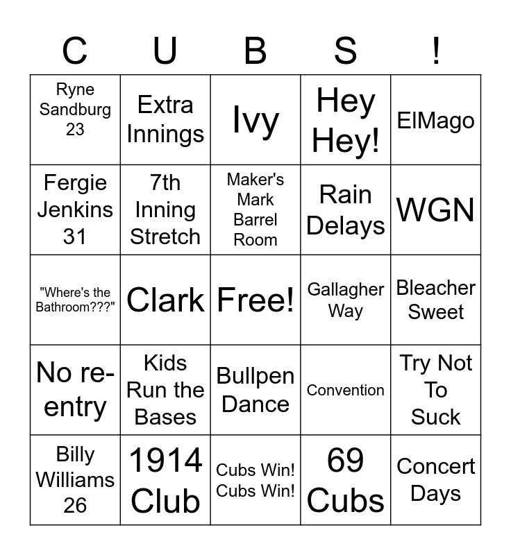 Your Chicago Cubs Bingo Scorecard