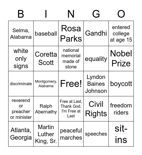 Martin Luther King, Jr. Bingo Card