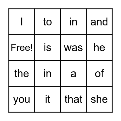 Sight Words Bingo Card
