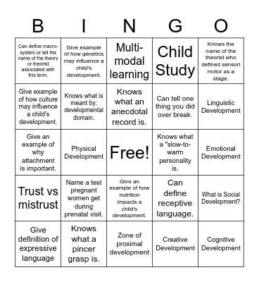 Development of Infancy and Early Childhood Bingo Card