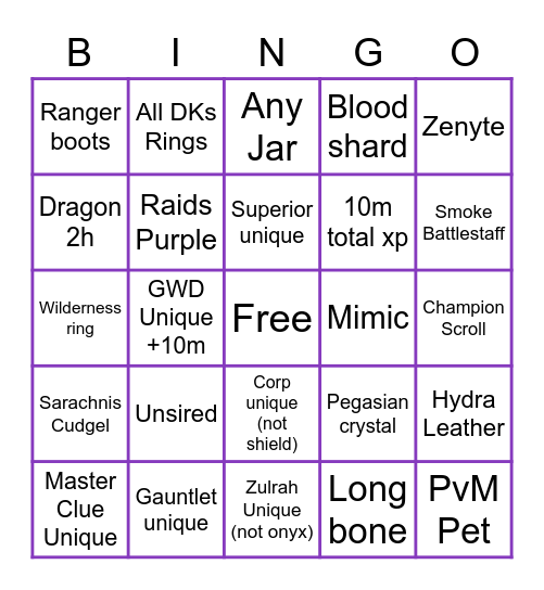 Osrs bingo Card