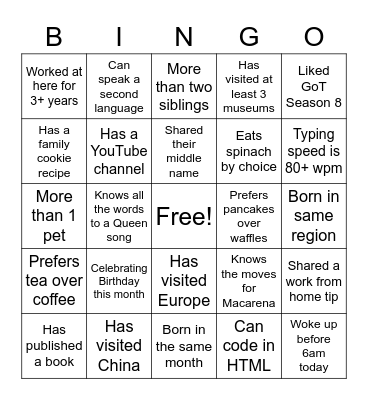 PO Team Day Bingo Card