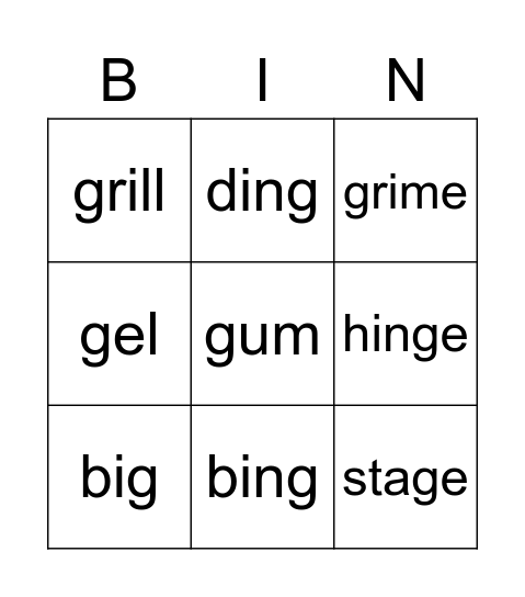 soft and hard g Bingo Card
