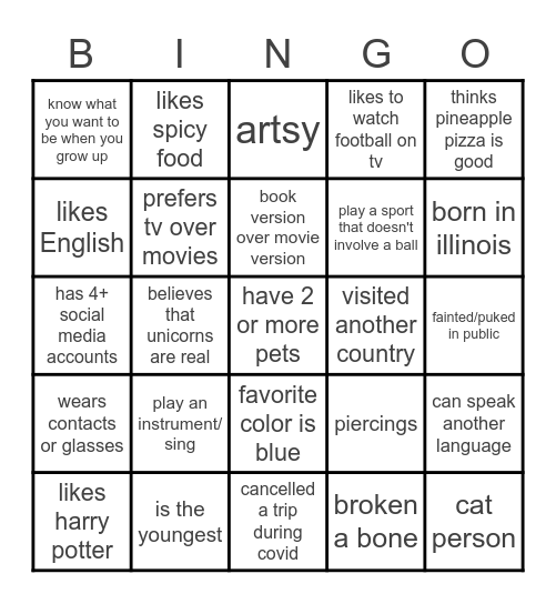 Get To Know You Bingo Card