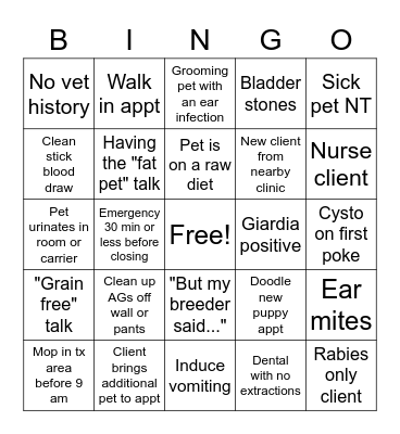 Vet Tech Bingo Card