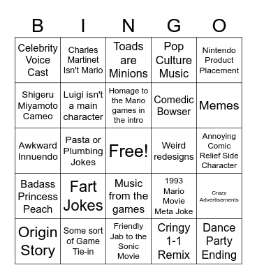 Mario Movie Bingo Card