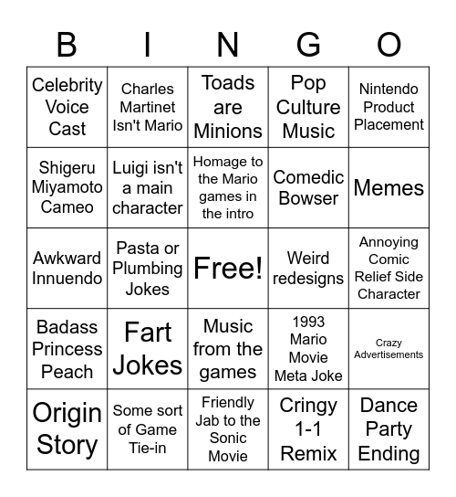 Mario Movie Bingo Card