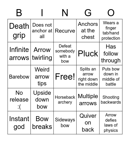 Archery Movie Night Bingo Card