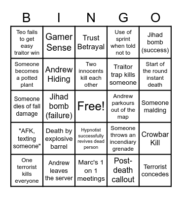 Lads TTT Bingo Card