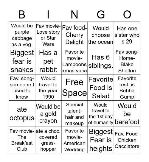 Let's get to know one another! Bingo Card