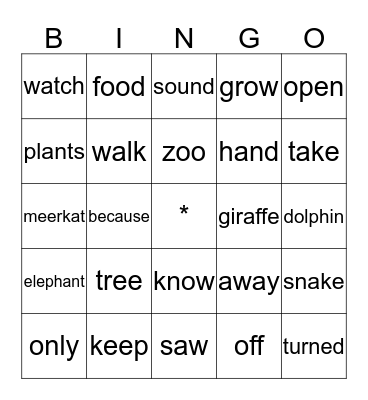 At the Zoo Bingo Card