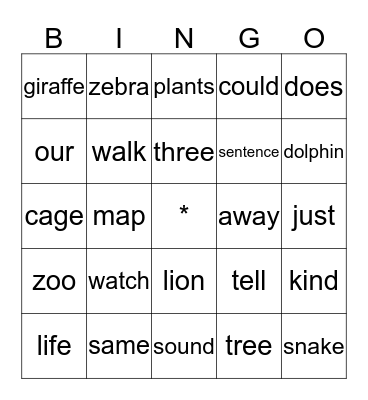 At the Zoo Bingo Card